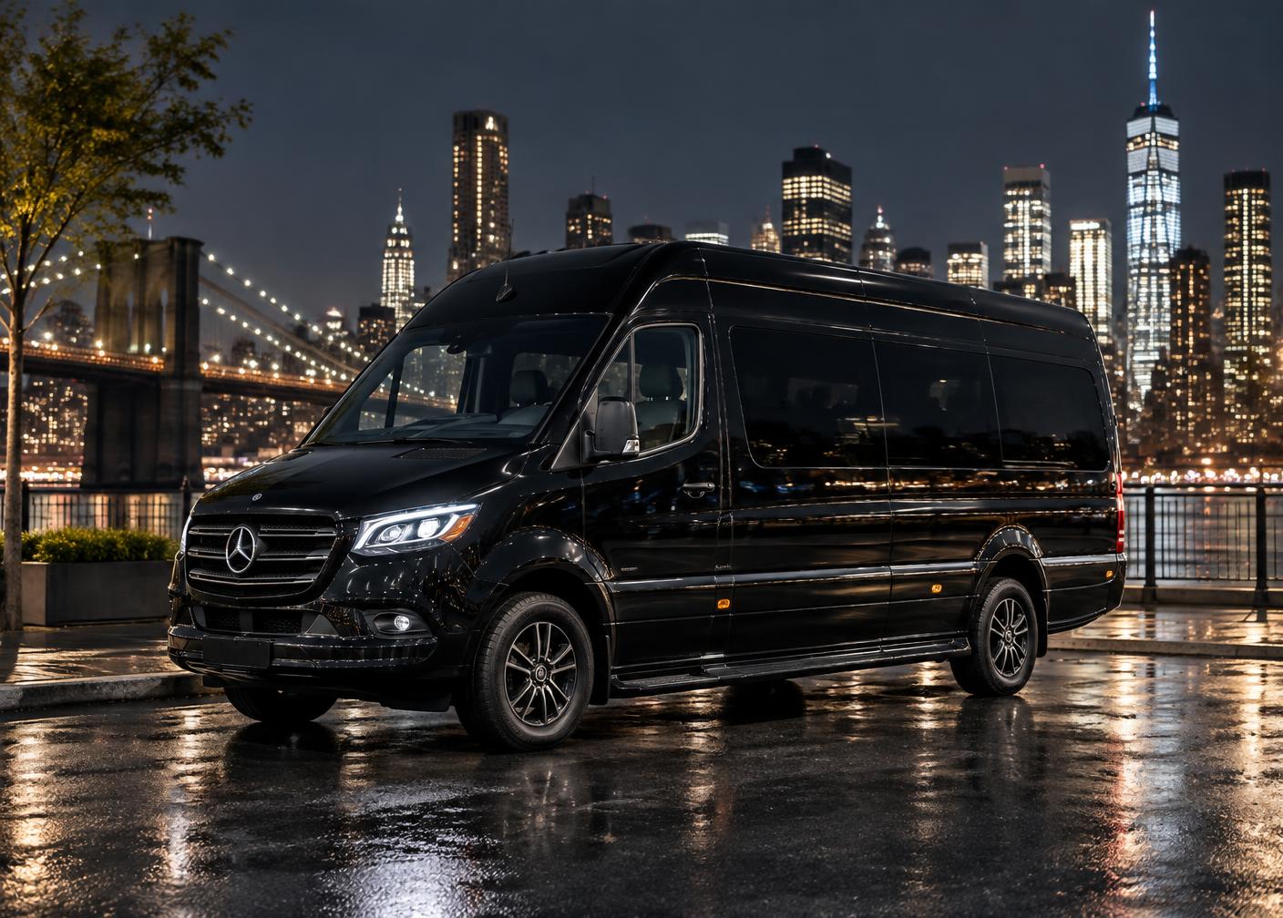 Black Mercedes-Benz Sprinter passenger van beside a city skyline at night