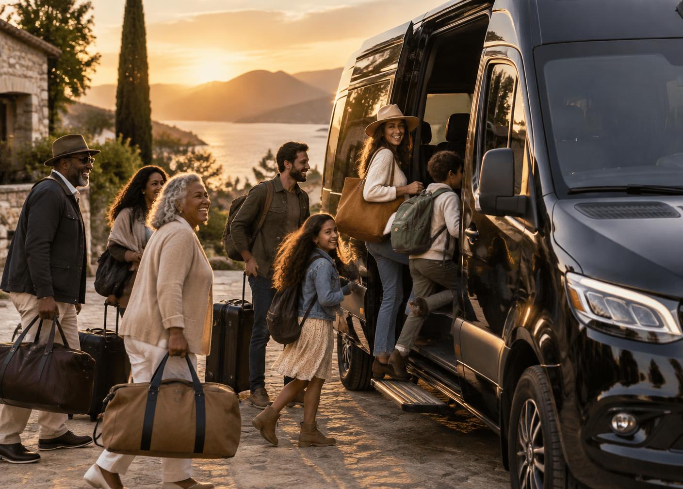 Friends and family boarding a black Mercedes-Benz Sprinter passenger van