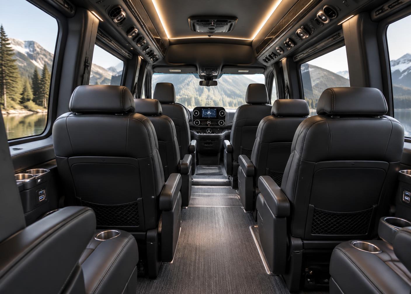 Premium passenger seating inside a black Mercedes-Benz Sprinter van