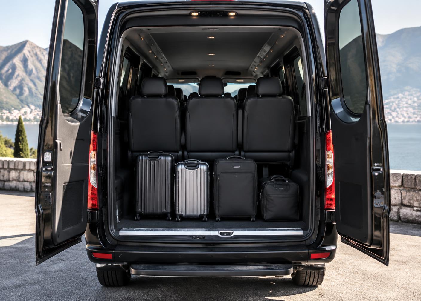 Luggage space in the rear of a black Mercedes-Benz Sprinter passenger van