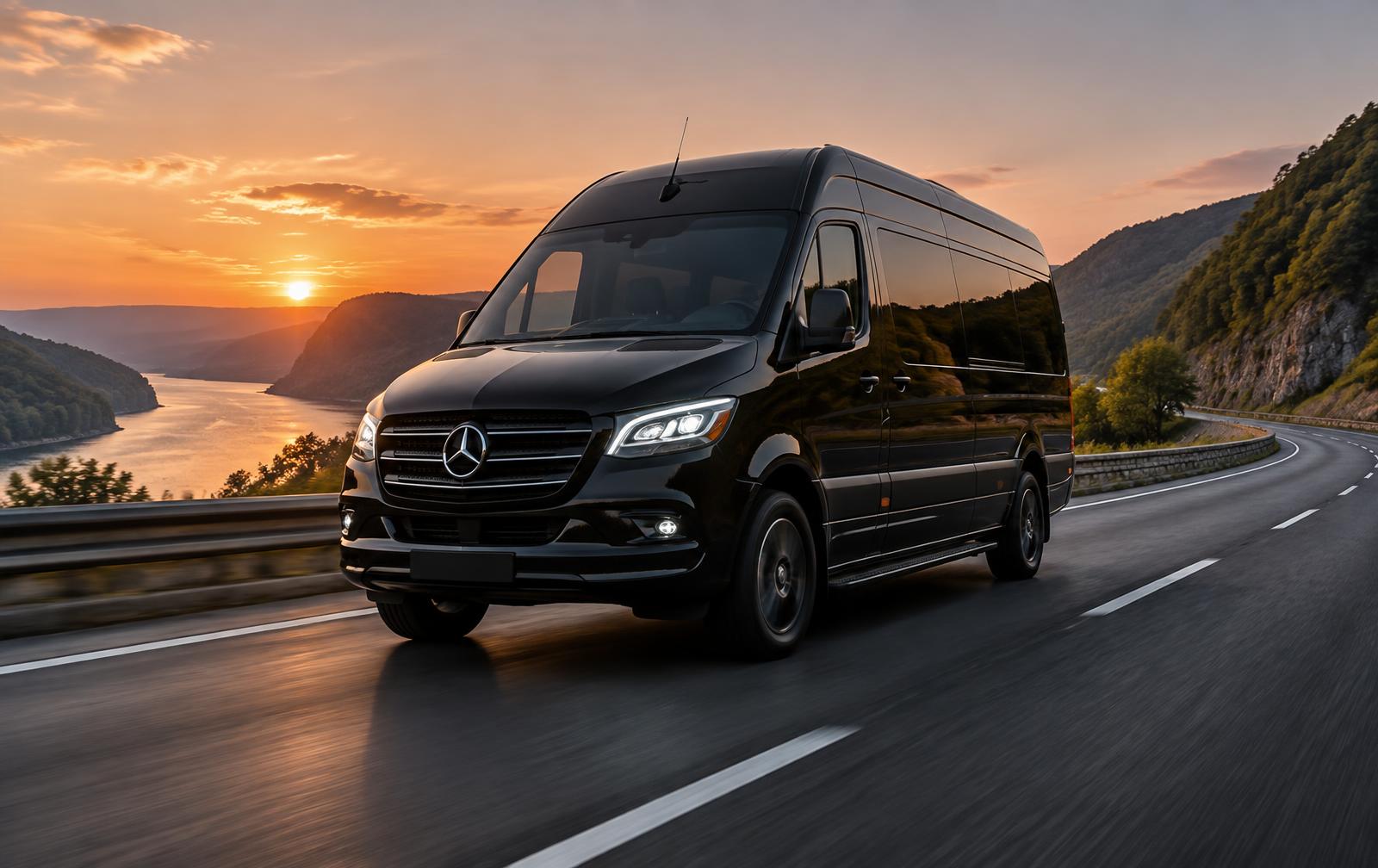 Black Mercedes-Benz Sprinter passenger van traveling on a scenic highway at sunset